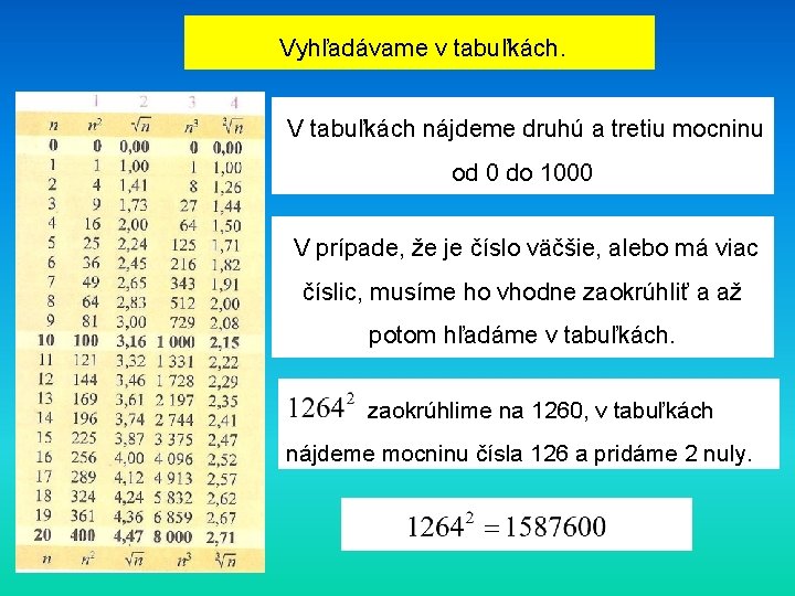 Vyhľadávame v tabuľkách. V tabuľkách nájdeme druhú a tretiu mocninu od 0 do 1000