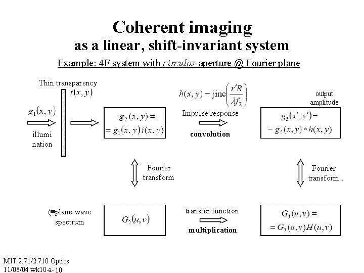 Coherent imaging as a linear, shift-invariant system Example: 4 F system with circular aperture