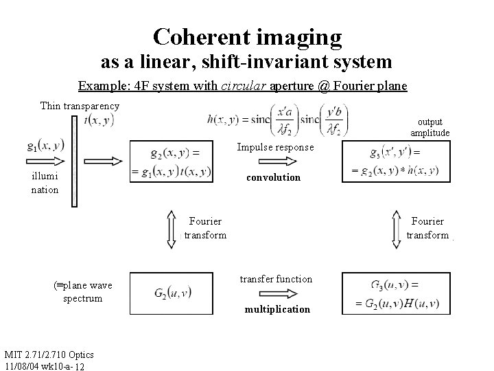 Coherent imaging as a linear, shift-invariant system Example: 4 F system with circular aperture