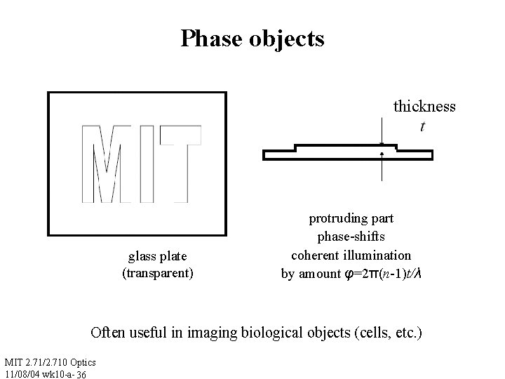 Phase objects thickness glass plate (transparent) protruding part phase-shifts coherent illumination by amount φ=2π(n-1)t/λ