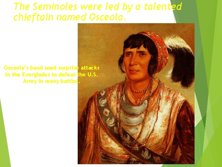 The Seminoles were led by a talented chieftain named Osceola’s band used surprise attacks