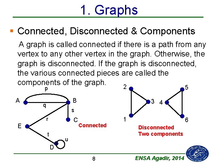 1. Graphs § Connected, Disconnected & Components A graph is called connected if there