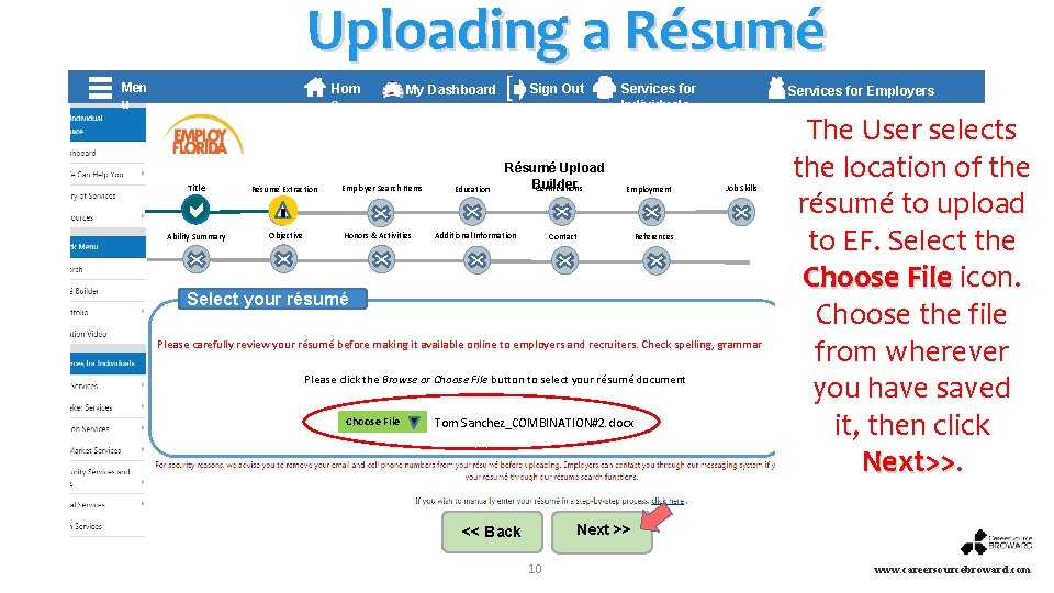 Uploading a Résumé Hom e Title Résumé Extraction My Dashboard Employer Search Items Education