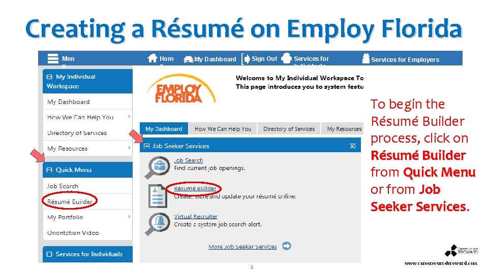 Creating a Résumé on Employ Florida Hom e My Dashboard ] Men u Sign