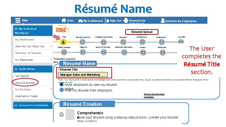 Résumé Name Hom e My Dashboard Title Résumé Extraction Ability Summary Objective ] Men