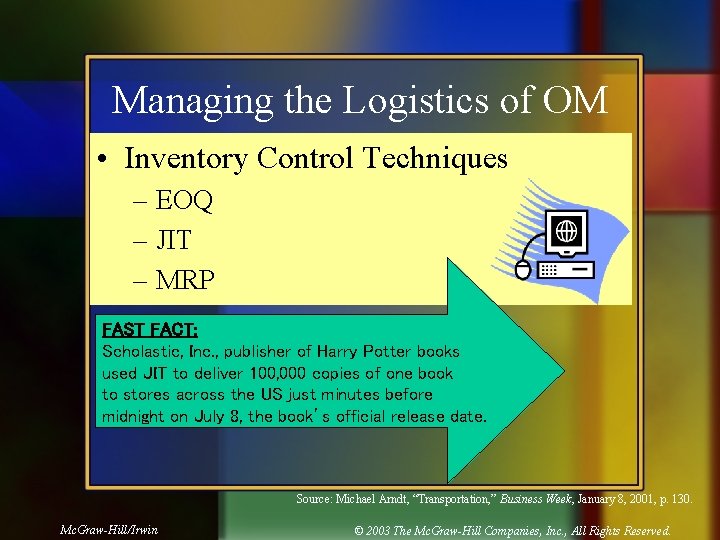 Managing the Logistics of OM • Inventory Control Techniques – EOQ – JIT –