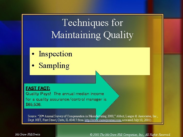 Techniques for Maintaining Quality • Inspection • Sampling FAST FACT: Quality Pays! The annual
