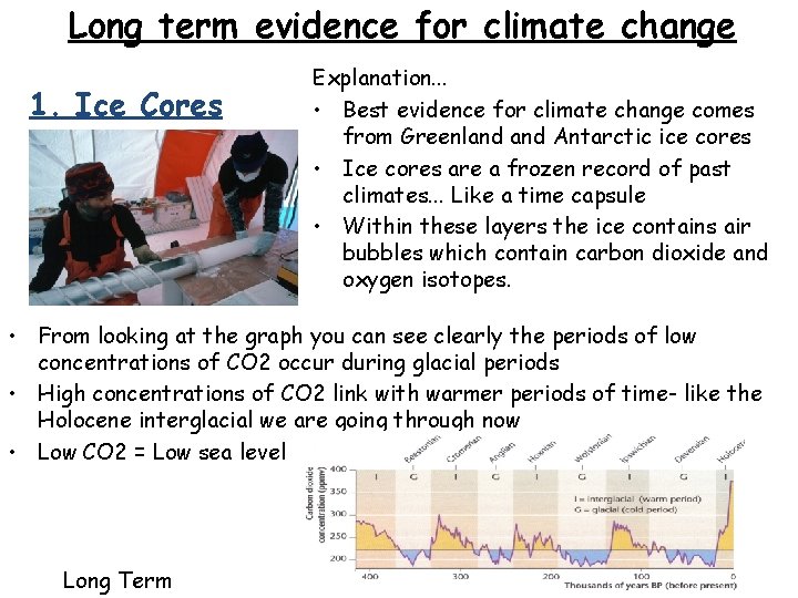 Long term evidence for climate change 1. Ice Cores Explanation. . . • Best Long term evidence for climate change 1. Ice Cores Explanation. . . • Best