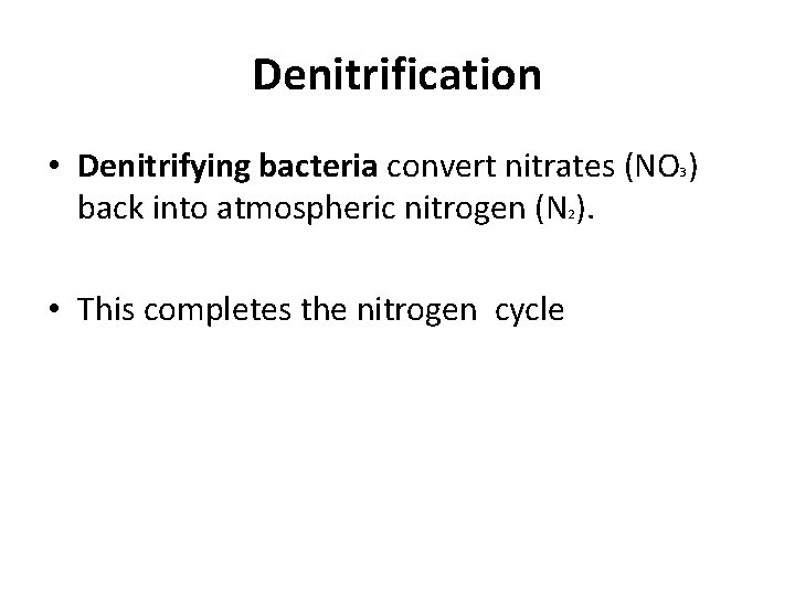 Denitrification • Denitrifying bacteria convert nitrates (NO ) back into atmospheric nitrogen (N ).