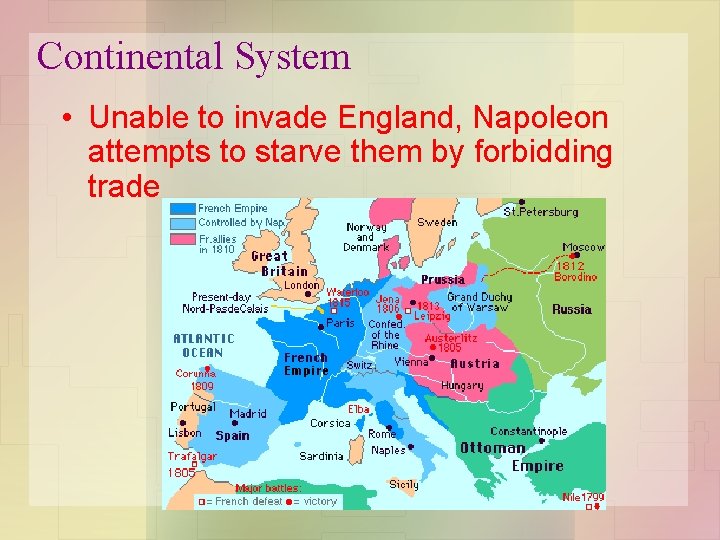 Continental System • Unable to invade England, Napoleon attempts to starve them by forbidding