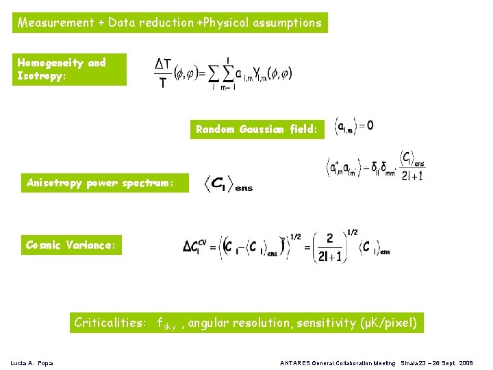 Measurement + Data reduction +Physical assumptions Homogeneity and Isotropy: Random Gaussian field: Anisotropy power