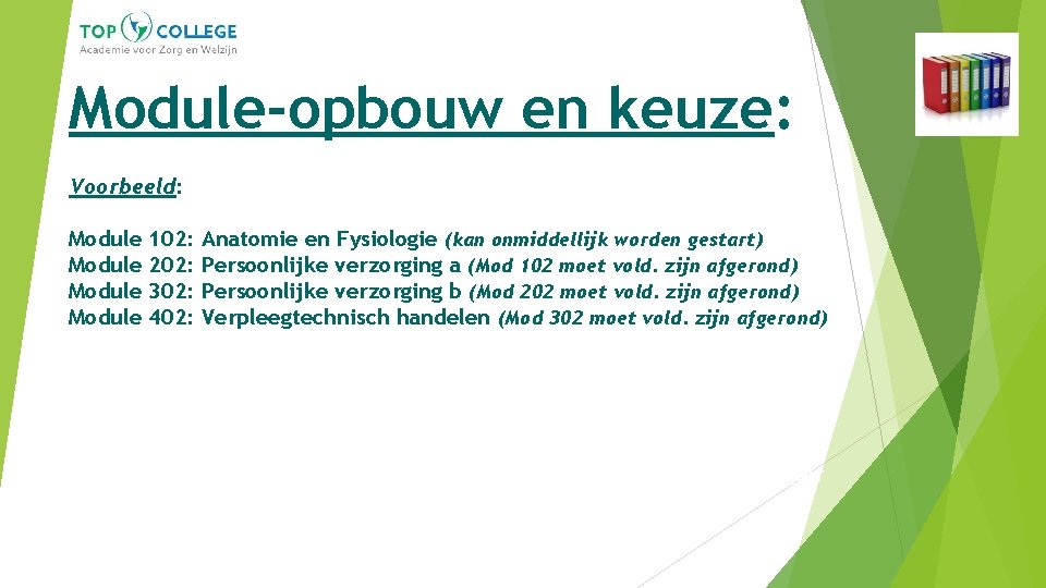 Module-opbouw en keuze: Voorbeeld: Module 102: 202: 302: 402: Anatomie en Fysiologie (kan onmiddellijk