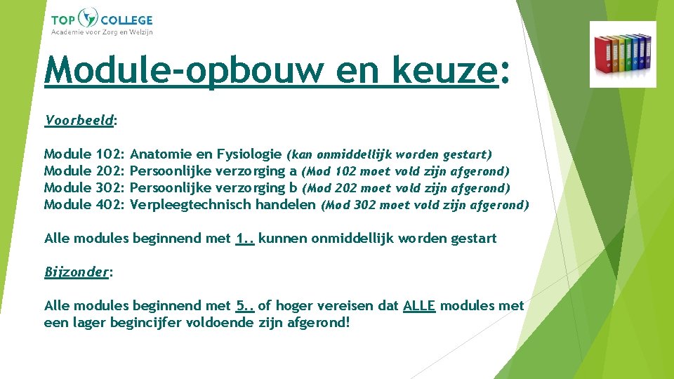 Module-opbouw en keuze: Voorbeeld: Module 102: 202: 302: 402: Anatomie en Fysiologie (kan onmiddellijk