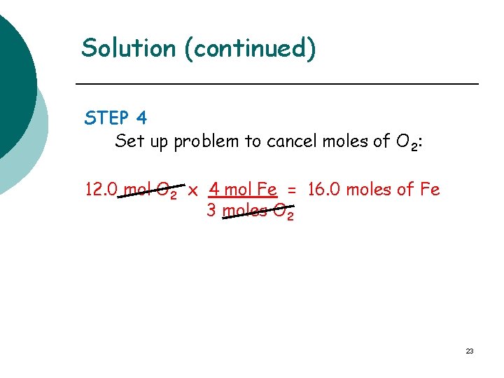 Solution (continued) STEP 4 Set up problem to cancel moles of O 2: 12.
