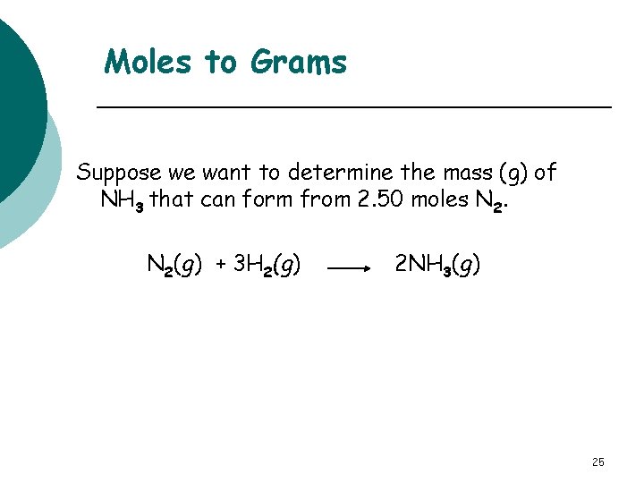 Moles to Grams Suppose we want to determine the mass (g) of NH 3