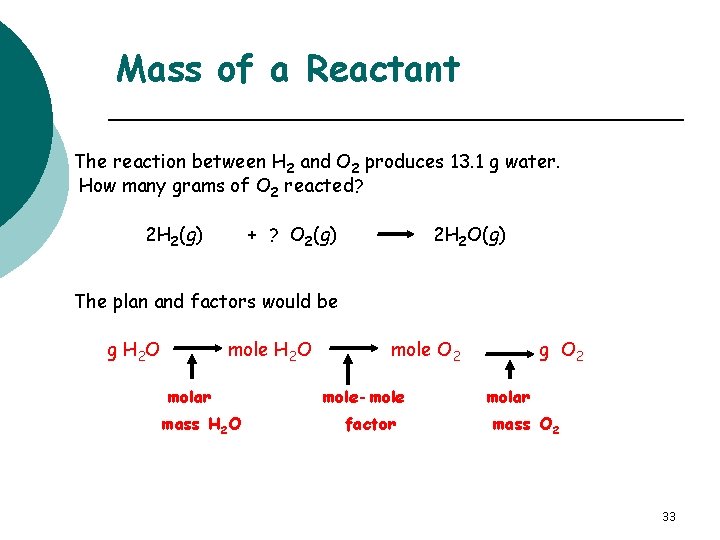 Mass of a Reactant The reaction between H 2 and O 2 produces 13.