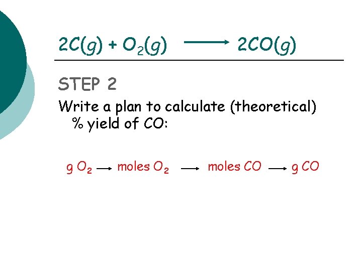 2 C(g) + O 2(g) 2 CO(g) STEP 2 Write a plan to calculate