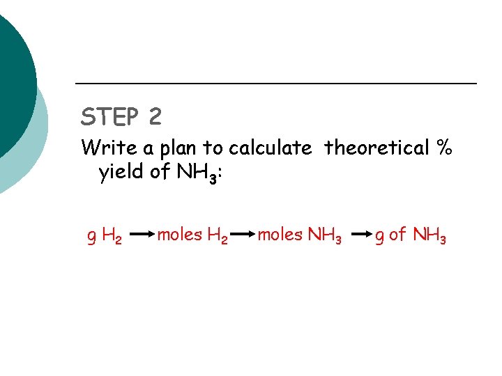 STEP 2 Write a plan to calculate theoretical % yield of NH 3: g
