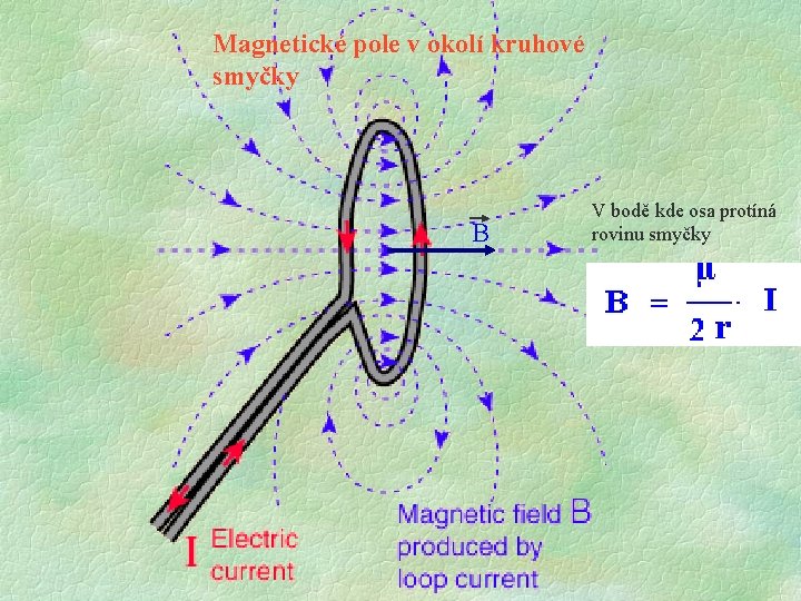 Magnetické pole v okolí kruhové smyčky B V bodě kde osa protíná rovinu smyčky Magnetické pole v okolí kruhové smyčky B V bodě kde osa protíná rovinu smyčky