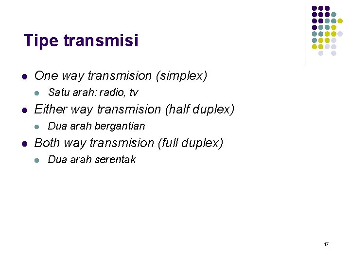 Tipe transmisi l One way transmision (simplex) l l Either way transmision (half duplex)