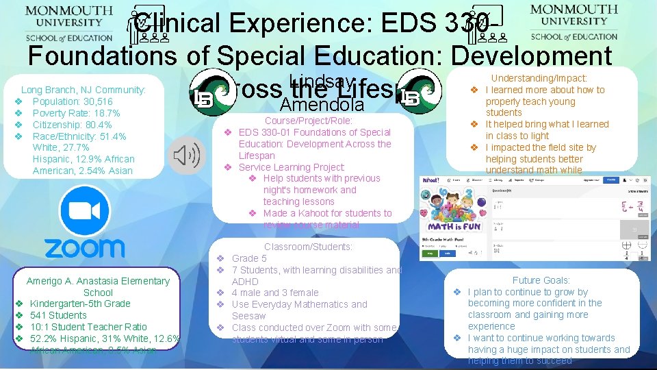 Clinical Experience: EDS 330 Foundations of Special Education: Development Lindsay Across. Amendola the Lifespan
