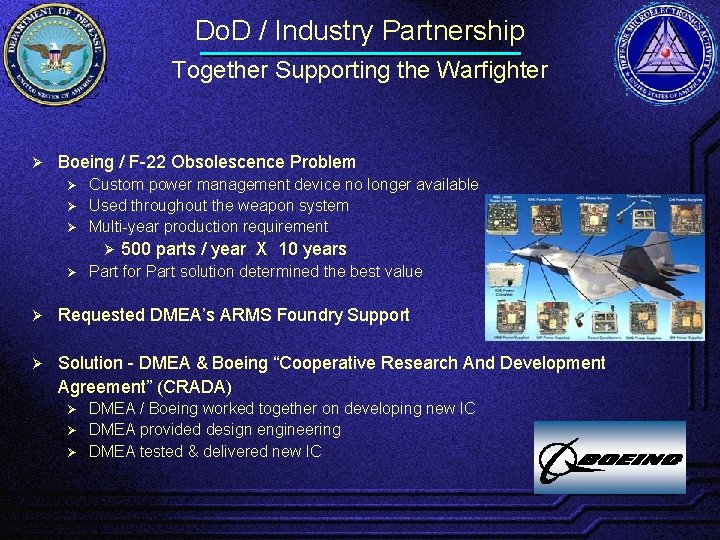 Do. D / Industry Partnership Together Supporting the Warfighter Ø Boeing / F-22 Obsolescence