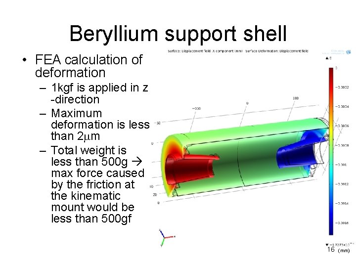 Beryllium support shell • FEA calculation of deformation – 1 kgf is applied in