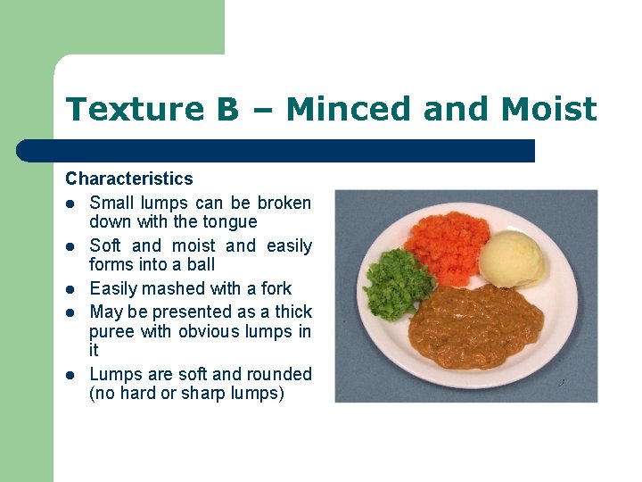 Texture B – Minced and Moist Characteristics l Small lumps can be broken down