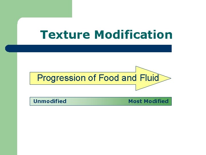 Texture Modification Progression of Food and Fluid Unmodified Most Modified 