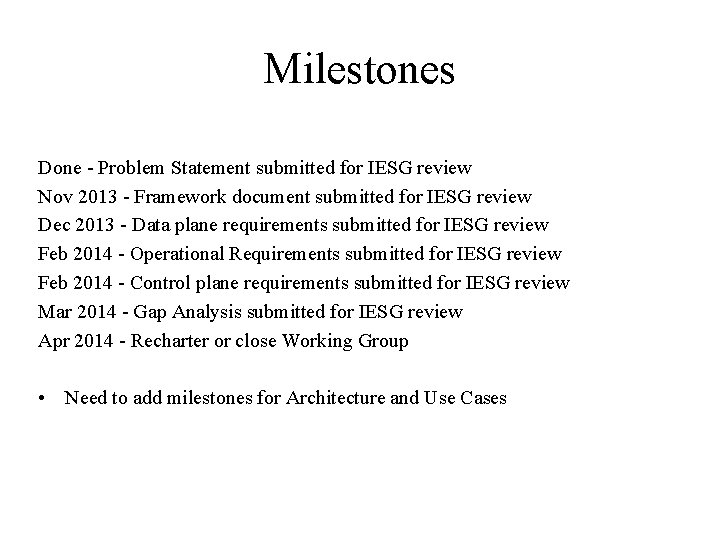 Milestones Done - Problem Statement submitted for IESG review Nov 2013 - Framework document