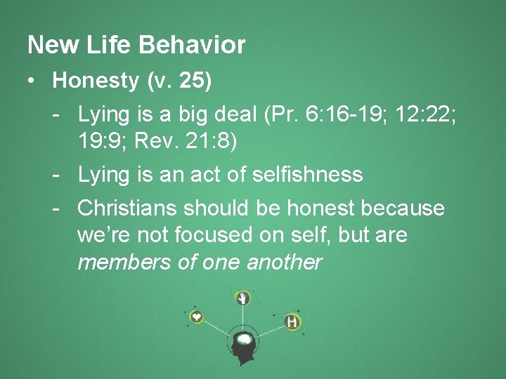 New Life Behavior • Honesty (v. 25) - Lying is a big deal (Pr.
