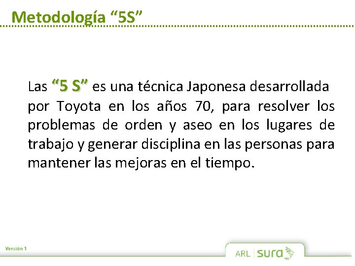 Metodología “ 5 S” Las “ 5 S” es una técnica Japonesa desarrollada por