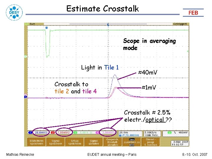 Estimate Crosstalk Scope in averaging mode Light in Tile 1 ≈40 m. V Crosstalk