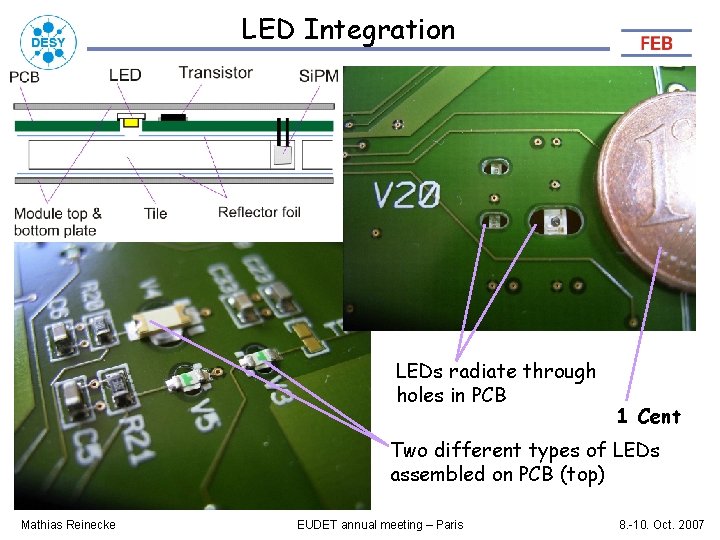 LED Integration LEDs radiate through holes in PCB 1 Cent Two different types of