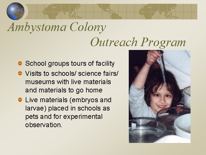Ambystoma Colony Outreach Program School groups tours of facility Visits to schools/ science fairs/