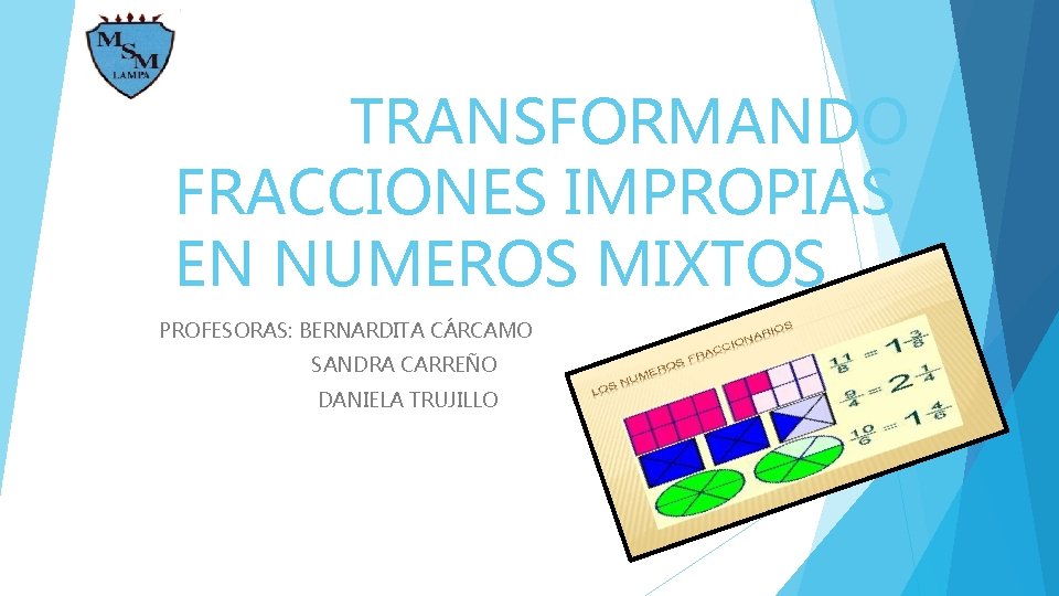 TRANSFORMANDO FRACCIONES IMPROPIAS EN NUMEROS MIXTOS PROFESORAS: BERNARDITA CÁRCAMO SANDRA CARREÑO DANIELA TRUJILLO 
