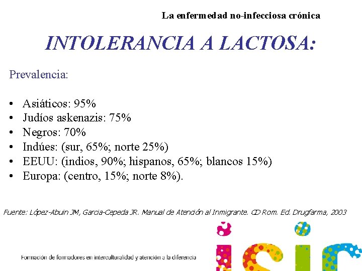 La enfermedad no-infecciosa crónica INTOLERANCIA A LACTOSA: Prevalencia: • • • Asiáticos: 95% Judíos