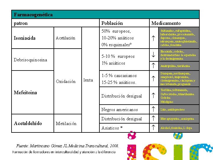 Farmacogenética patron Población Isoniacida 50% europeos, 10 -20% asiáticos 0% esquimalesº Acetilación Oxidación Mefeitoina