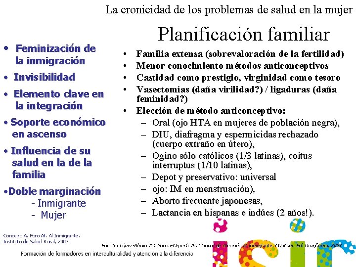 La cronicidad de los problemas de salud en la mujer Planificación familiar • Feminización