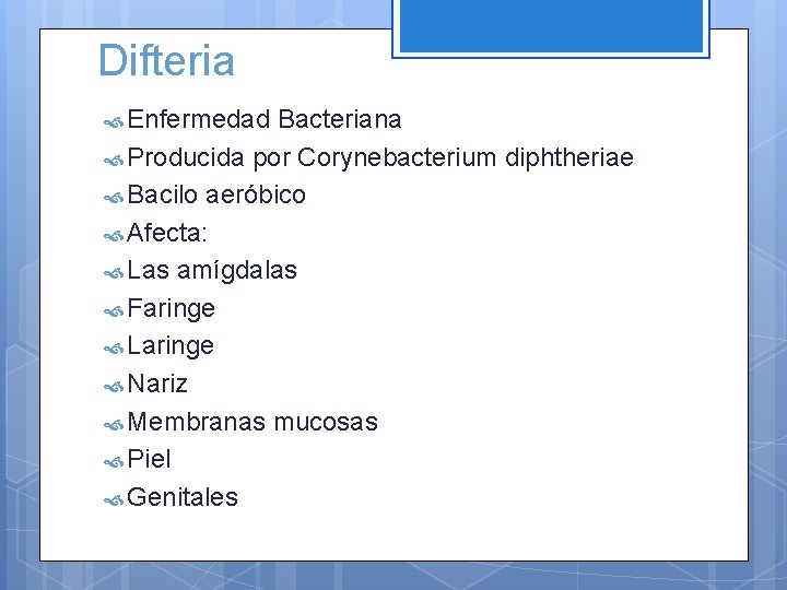 Difteria Enfermedad Bacteriana Producida por Corynebacterium diphtheriae Bacilo aeróbico Afecta: Las amígdalas Faringe Laringe