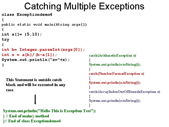 Catching Multiple Exceptions class Exceptiondemo 4 { public static void main(String args[]) { int