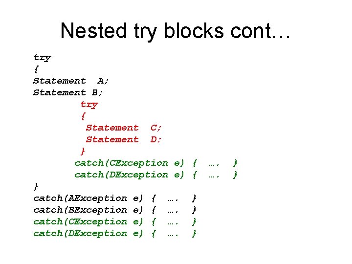 Nested try blocks cont… try { Statement A; Statement B; try { Statement C;