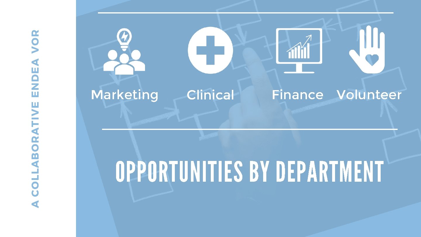 A COLLABORATIVE ENDEA VOR Marketing Clinical Finance Volunteer OPPORTUNITIES BY DEPARTMENT 