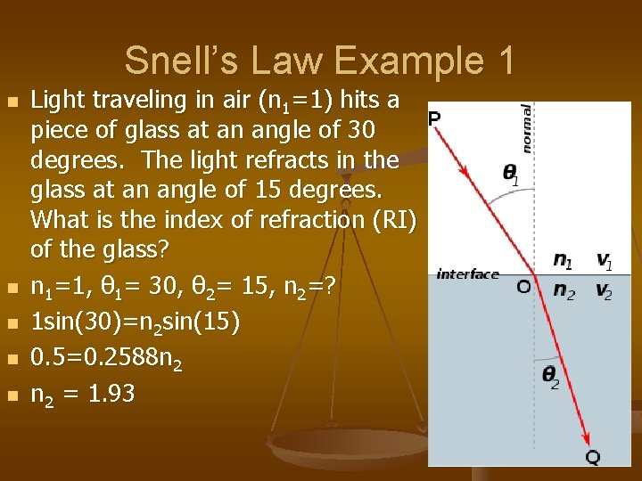 Snell’s Law Example 1 n n n Light traveling in air (n 1=1) hits