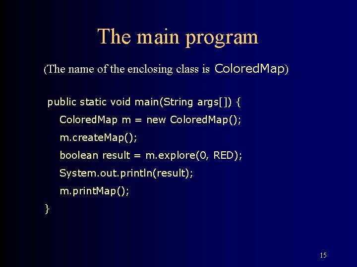 The main program (The name of the enclosing class is Colored. Map) public static