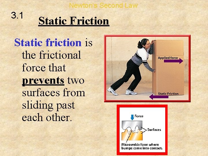 Newton’s Second Law 3. 1 Static Friction Static friction is the frictional force that
