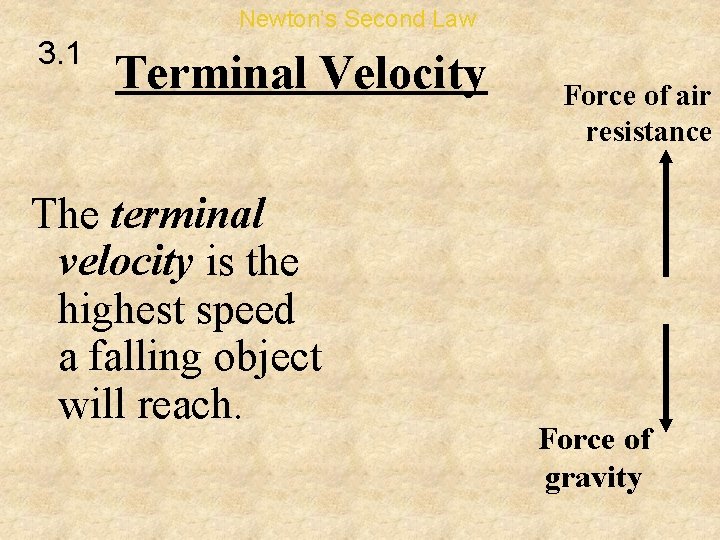 Newton’s Second Law 3. 1 Terminal Velocity The terminal velocity is the highest speed