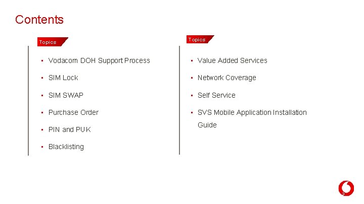 Contents Topics • Vodacom DOH Support Process • Value Added Services • SIM Lock Contents Topics • Vodacom DOH Support Process • Value Added Services • SIM Lock