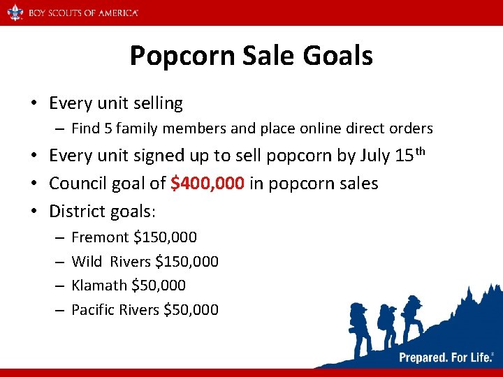 Popcorn Sale Goals • Every unit selling – Find 5 family members and place