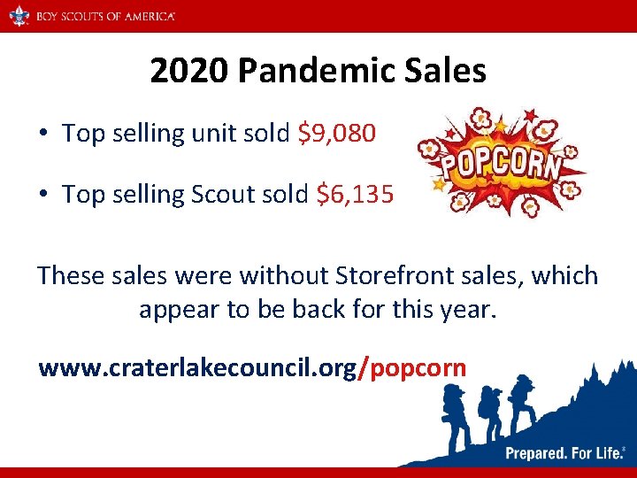 2020 Pandemic Sales • Top selling unit sold $9, 080 • Top selling Scout